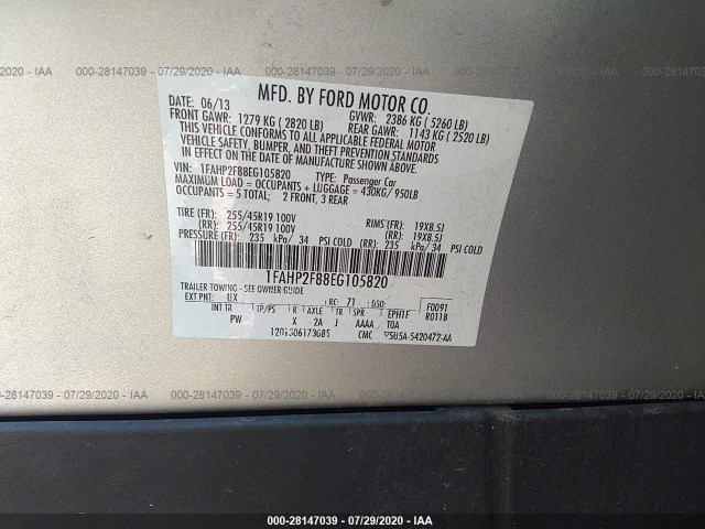 Photo 8 VIN: 1FAHP2F88EG105820 - FORD TAURUS 