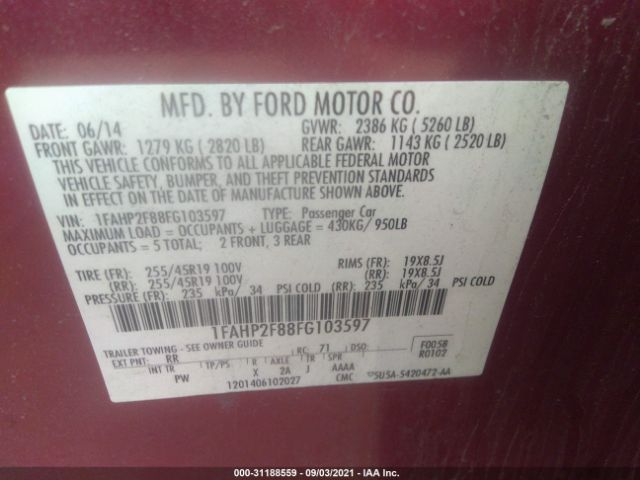 Photo 8 VIN: 1FAHP2F88FG103597 - FORD TAURUS 