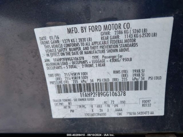 Photo 8 VIN: 1FAHP2F89GG106378 - FORD TAURUS 