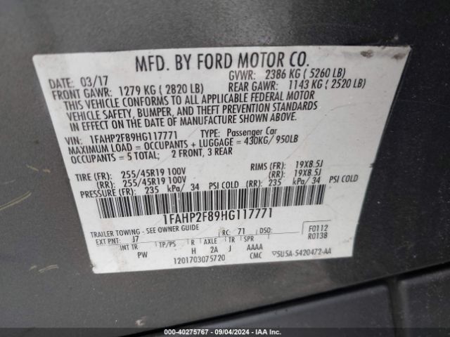 Photo 8 VIN: 1FAHP2F89HG117771 - FORD TAURUS 