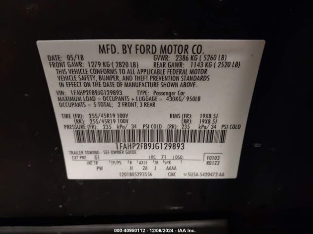 Photo 8 VIN: 1FAHP2F89JG129893 - FORD TAURUS 