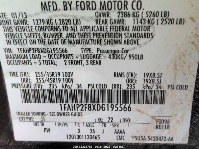 Photo 8 VIN: 1FAHP2F8XDG195566 - FORD TAURUS 