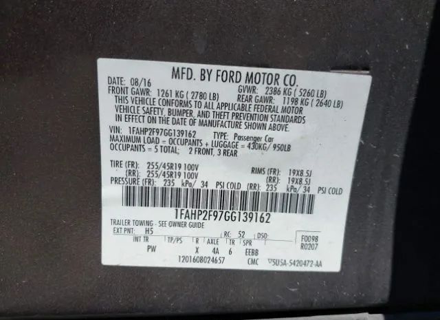 Photo 8 VIN: 1FAHP2F97GG139162 - FORD TAURUS 