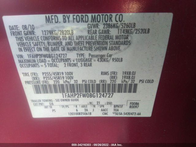 Photo 8 VIN: 1FAHP2FW0BG124727 - FORD TAURUS 