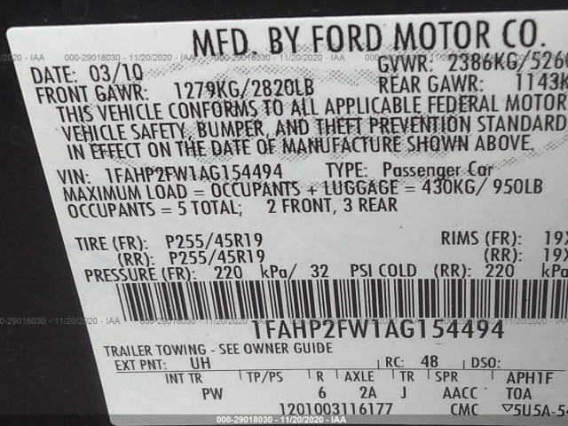 Photo 8 VIN: 1FAHP2FW1AG154494 - FORD TAURUS 