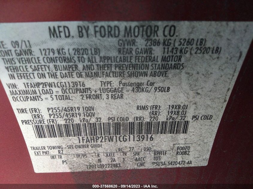 Photo 8 VIN: 1FAHP2FW1CG113916 - FORD TAURUS 