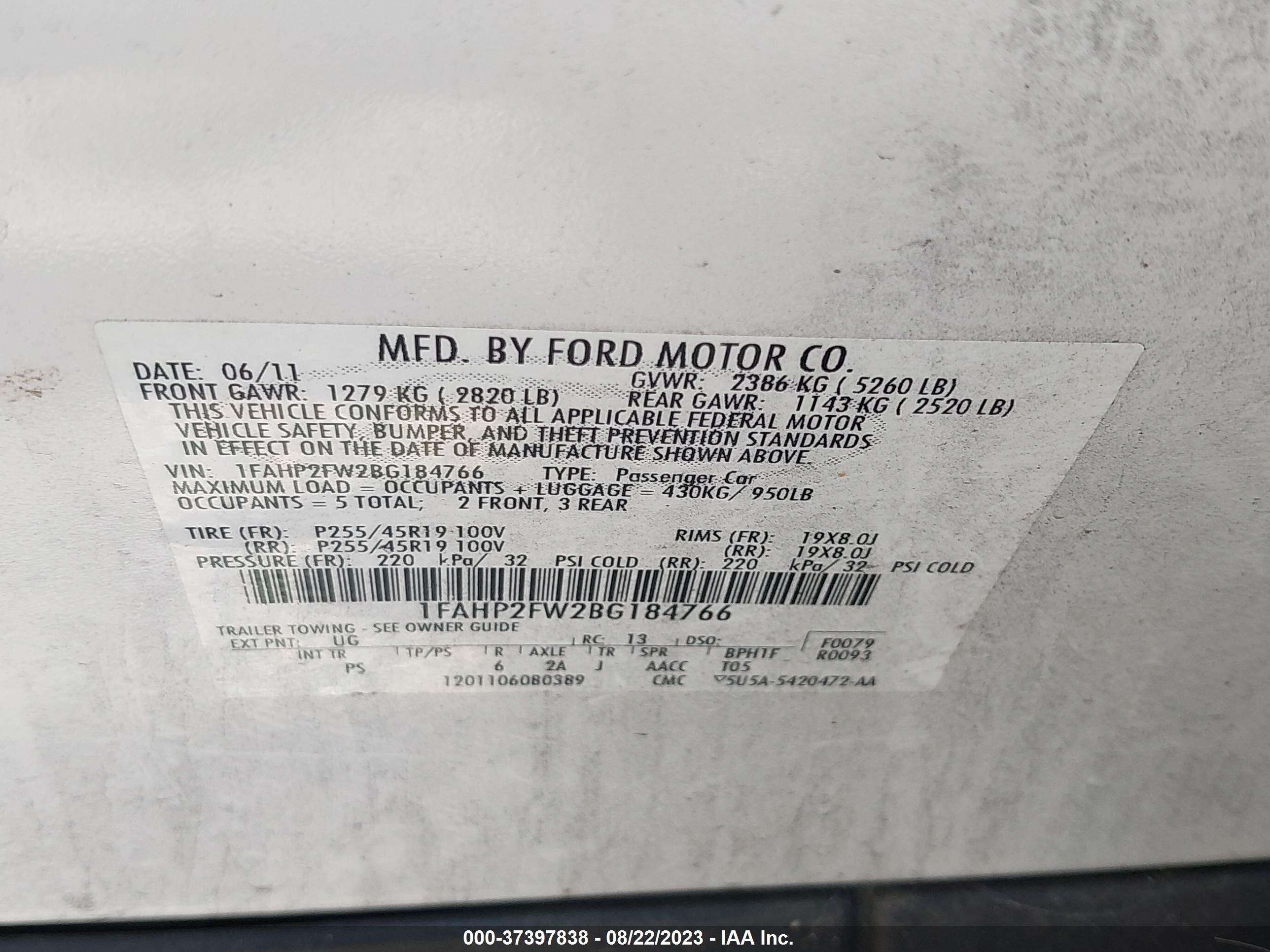 Photo 8 VIN: 1FAHP2FW2BG184766 - FORD TAURUS 