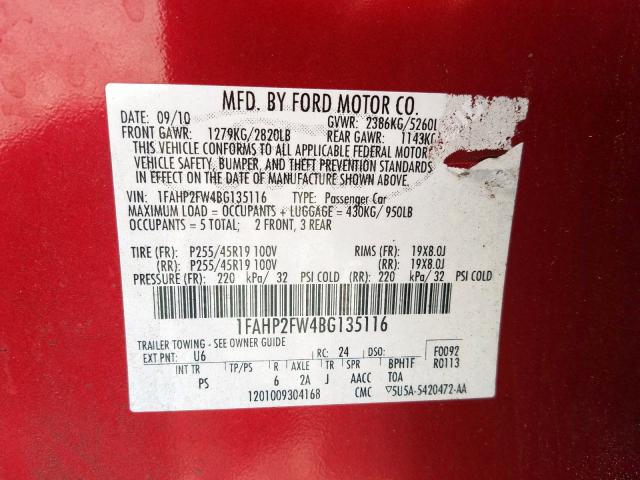 Photo 9 VIN: 1FAHP2FW4BG135116 - FORD TAURUS LIM 