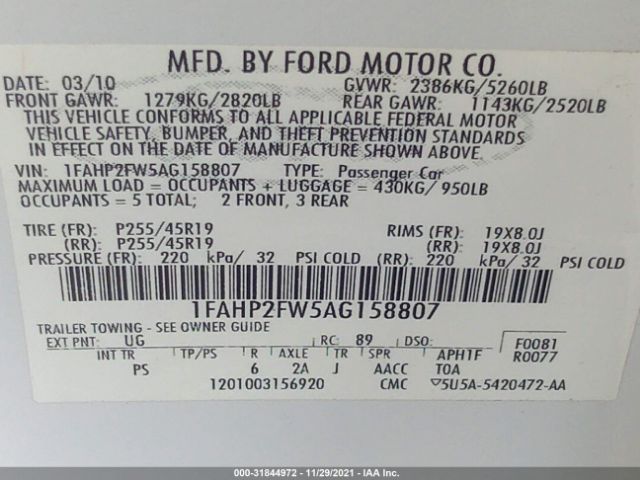 Photo 8 VIN: 1FAHP2FW5AG158807 - FORD TAURUS 