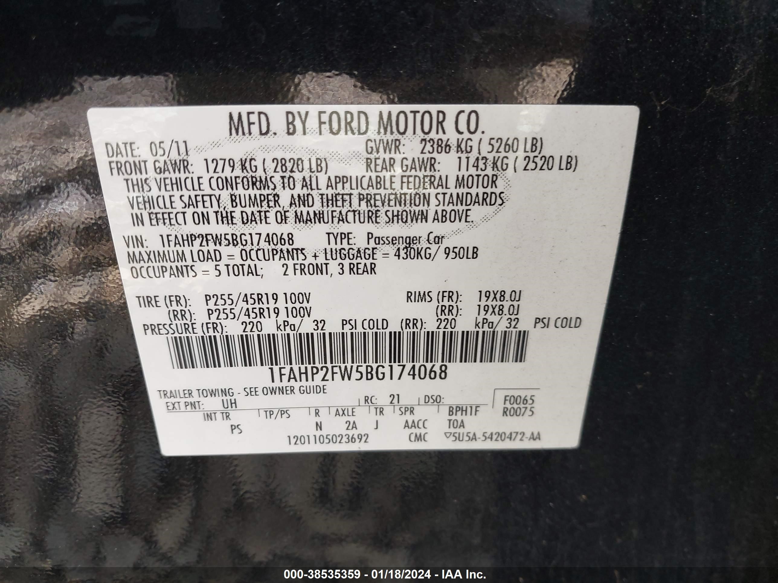 Photo 8 VIN: 1FAHP2FW5BG174068 - FORD TAURUS 