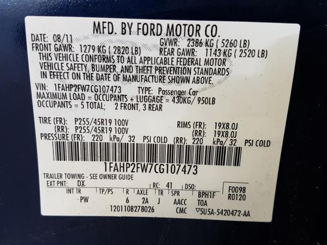 Photo 9 VIN: 1FAHP2FW7CG107473 - FORD TAURUS LIM 