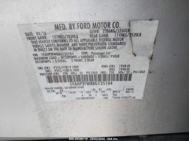 Photo 8 VIN: 1FAHP2FW8BG135104 - FORD TAURUS 