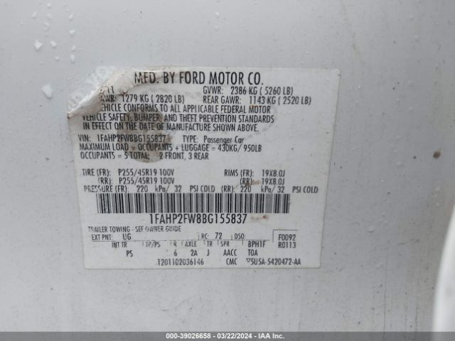 Photo 8 VIN: 1FAHP2FW8BG155837 - FORD TAURUS 