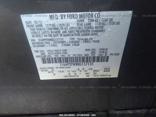 Photo 8 VIN: 1FAHP2FW8BG157135 - FORD TAURUS 