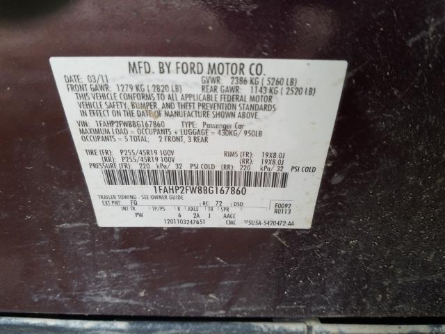 Photo 9 VIN: 1FAHP2FW8BG167860 - FORD TAURUS LIM 