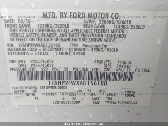 Photo 8 VIN: 1FAHP2FWXAG156180 - FORD TAURUS 