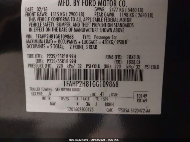 Photo 8 VIN: 1FAHP2H81GG109868 - FORD TAURUS 