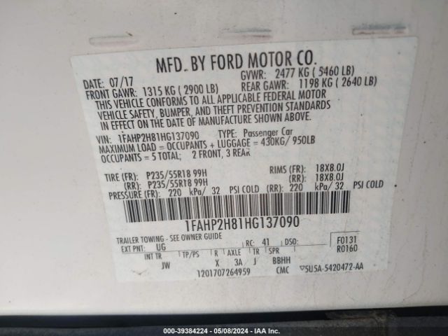 Photo 8 VIN: 1FAHP2H81HG137090 - FORD TAURUS 