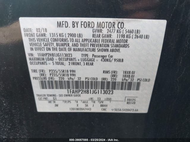 Photo 8 VIN: 1FAHP2H81JG113023 - FORD TAURUS 