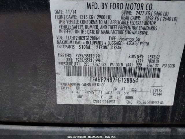 Photo 8 VIN: 1FAHP2H82FG128864 - FORD TAURUS 