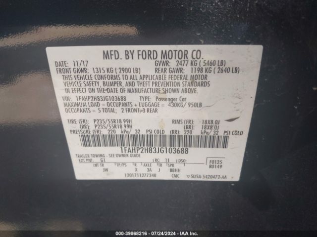 Photo 8 VIN: 1FAHP2H83JG103688 - FORD TAURUS 