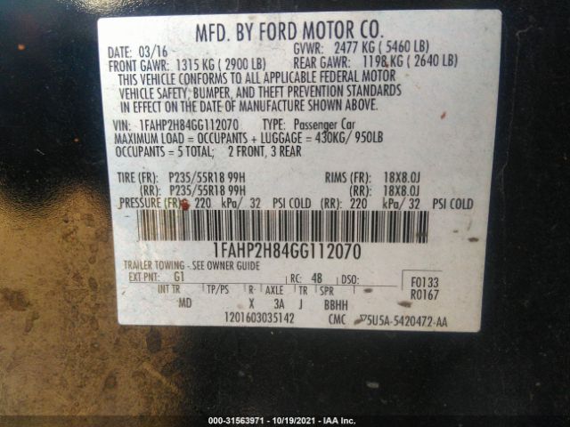 Photo 8 VIN: 1FAHP2H84GG112070 - FORD TAURUS 