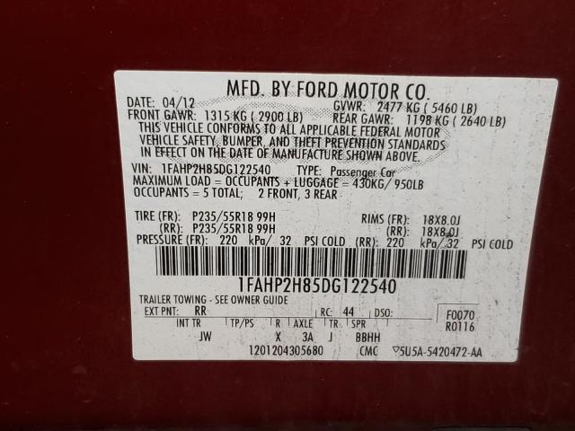 Photo 9 VIN: 1FAHP2H85DG122540 - FORD TAURUS 