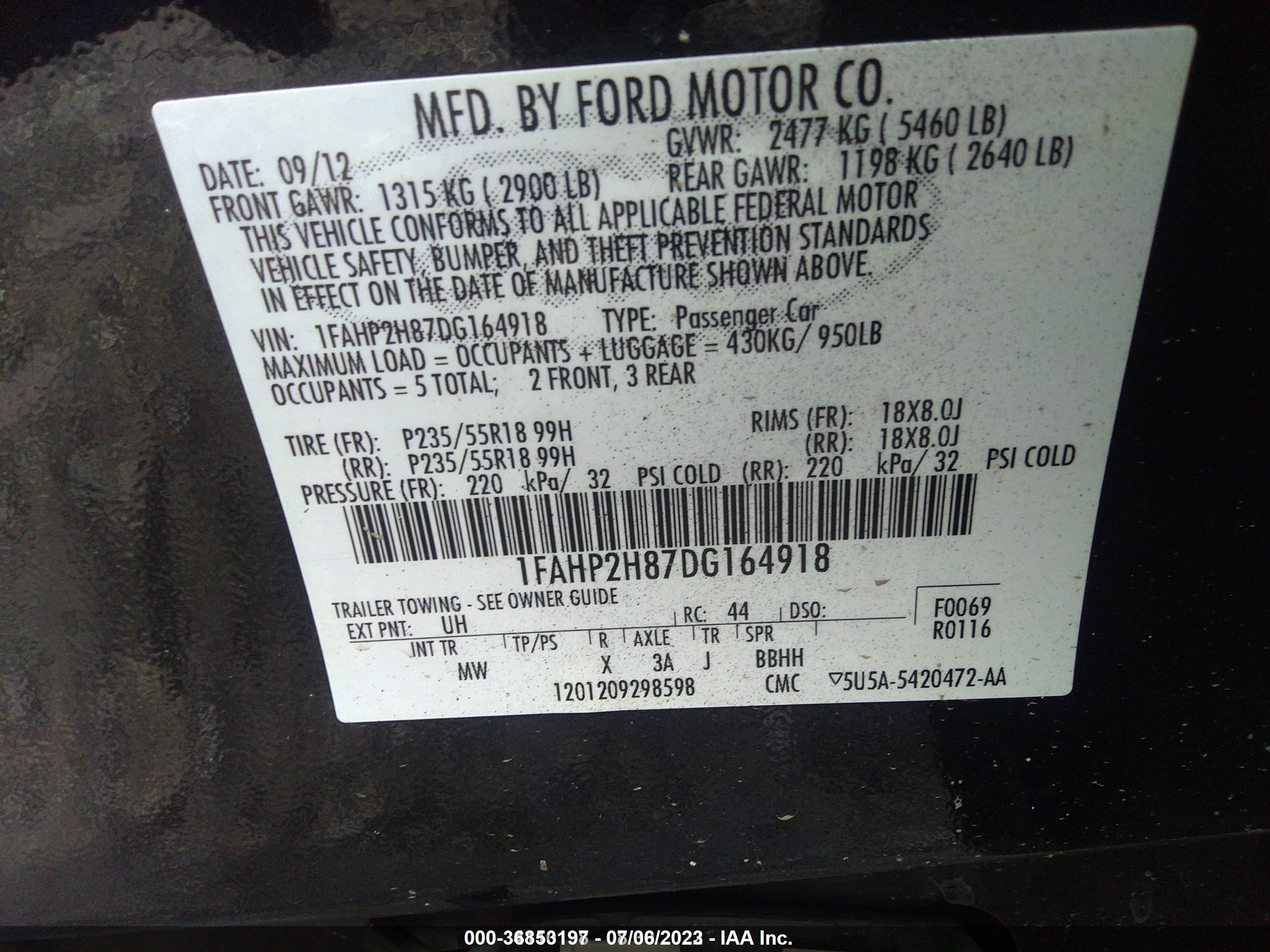 Photo 8 VIN: 1FAHP2H87DG164918 - FORD TAURUS 