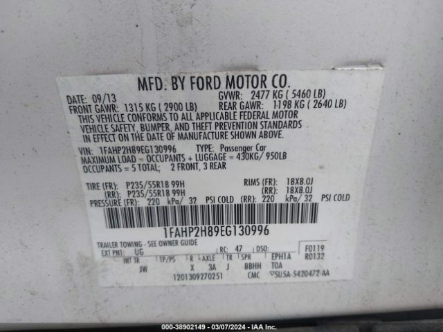 Photo 8 VIN: 1FAHP2H89EG130996 - FORD TAURUS 