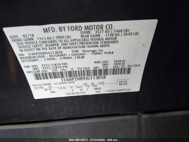 Photo 8 VIN: 1FAHP2H89JG113058 - FORD TAURUS 