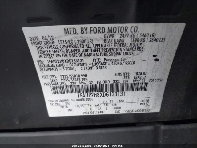 Photo 8 VIN: 1FAHP2H8XDG133131 - FORD TAURUS 