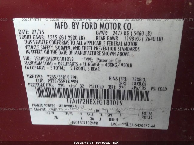 Photo 8 VIN: 1FAHP2H8XFG181019 - FORD TAURUS 