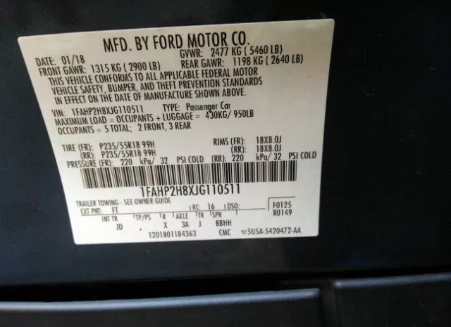 Photo 8 VIN: 1FAHP2H8XJG110511 - FORD TAURUS 