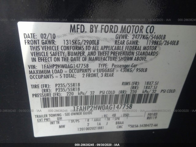 Photo 8 VIN: 1FAHP2HW0AG147758 - FORD TAURUS 