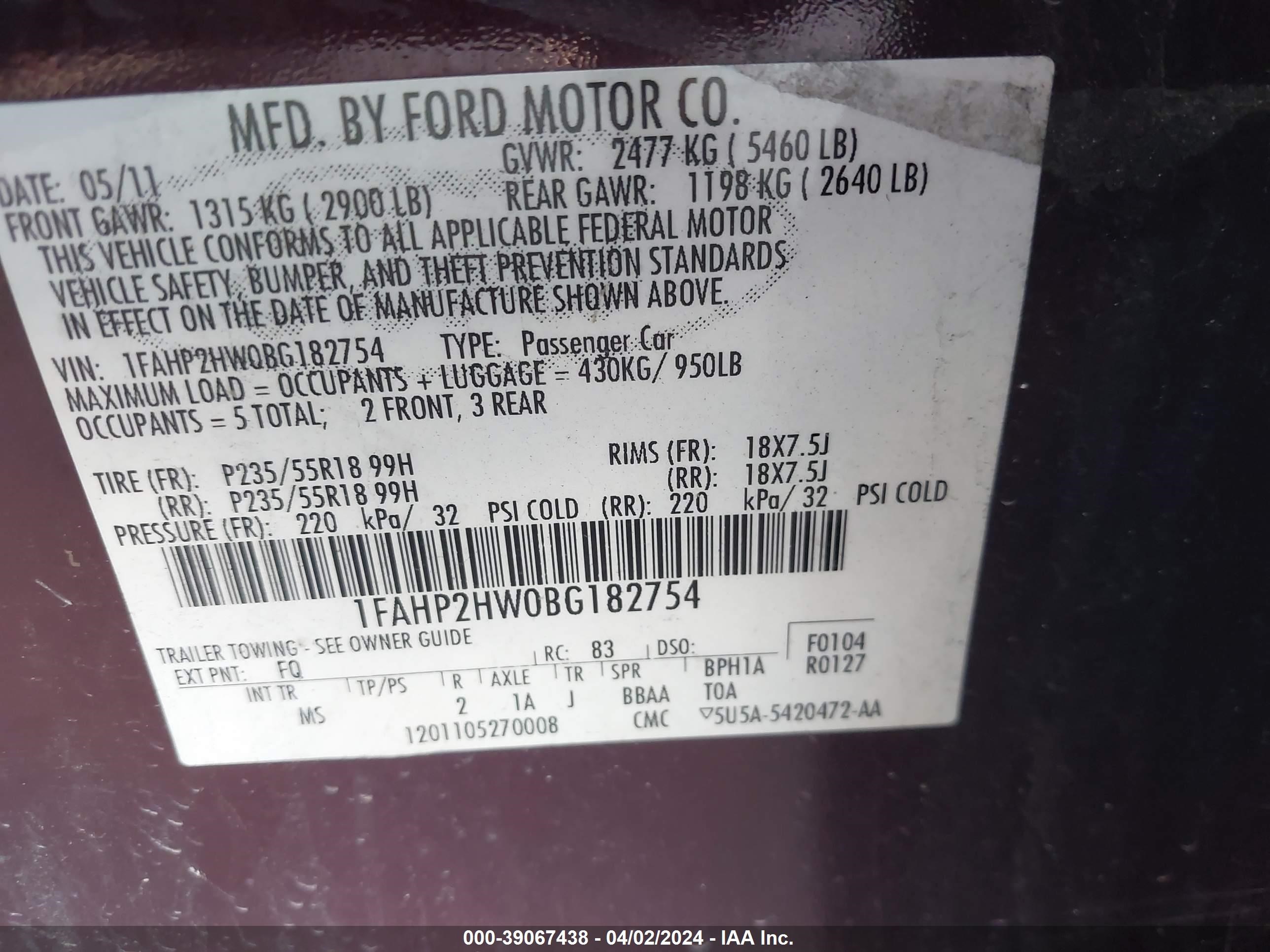 Photo 8 VIN: 1FAHP2HW0BG182754 - FORD TAURUS 