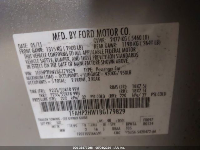 Photo 8 VIN: 1FAHP2HW1BG179829 - FORD TAURUS 