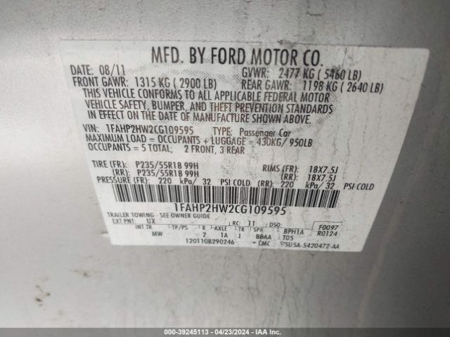 Photo 8 VIN: 1FAHP2HW2CG109595 - FORD TAURUS 