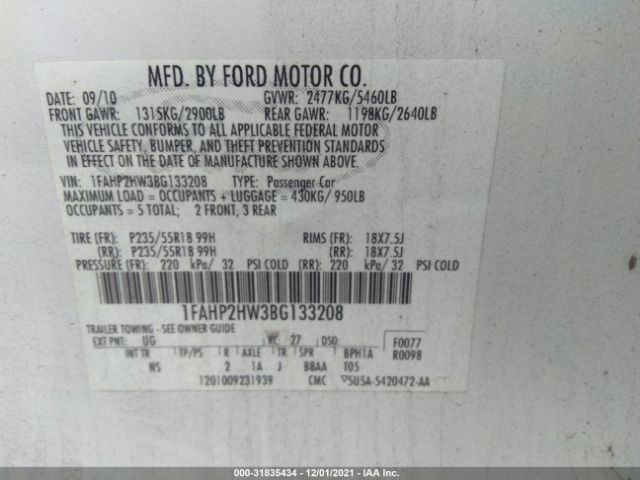 Photo 8 VIN: 1FAHP2HW3BG133208 - FORD TAURUS 