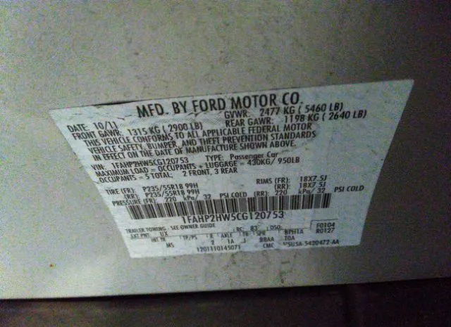 Photo 8 VIN: 1FAHP2HW5CG120753 - FORD TAURUS 