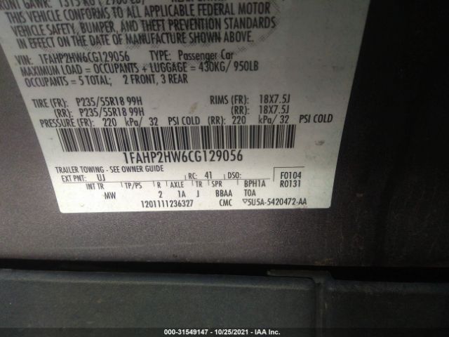 Photo 8 VIN: 1FAHP2HW6CG129056 - FORD TAURUS 