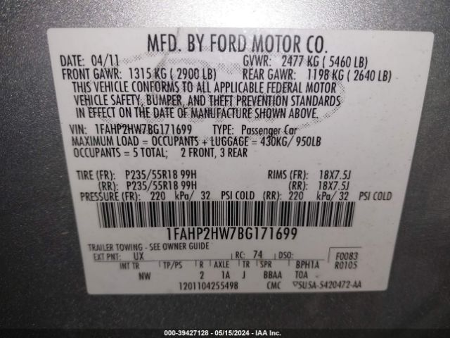 Photo 8 VIN: 1FAHP2HW7BG171699 - FORD TAURUS 