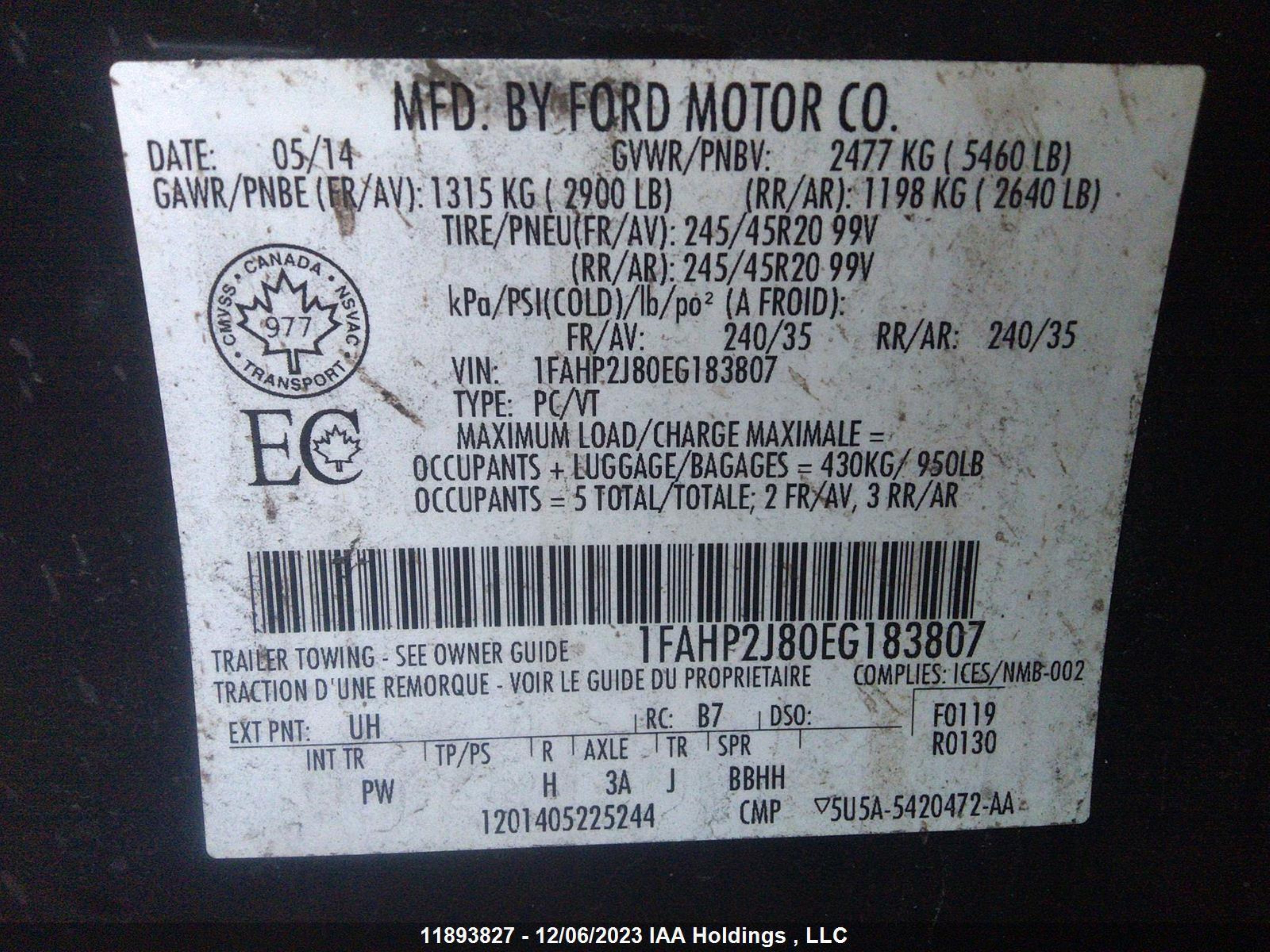 Photo 8 VIN: 1FAHP2J80EG183807 - FORD TAURUS 