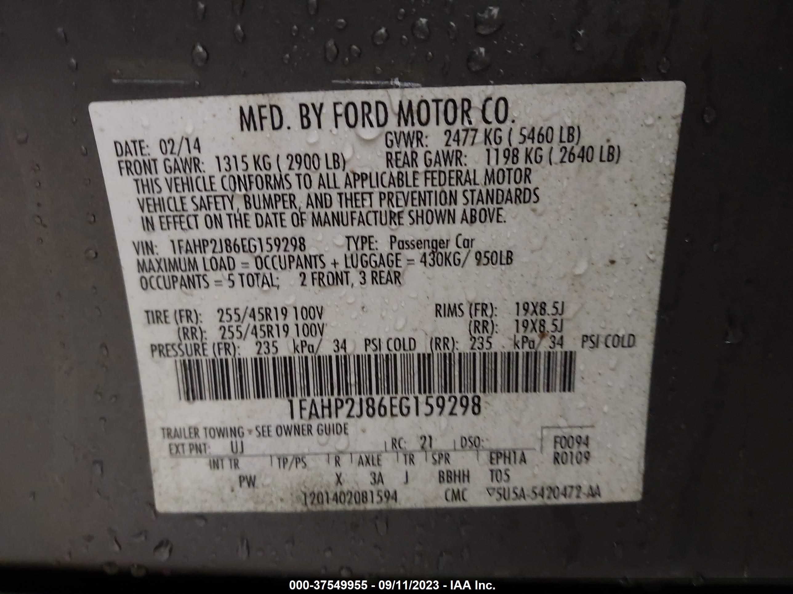 Photo 8 VIN: 1FAHP2J86EG159298 - FORD TAURUS 