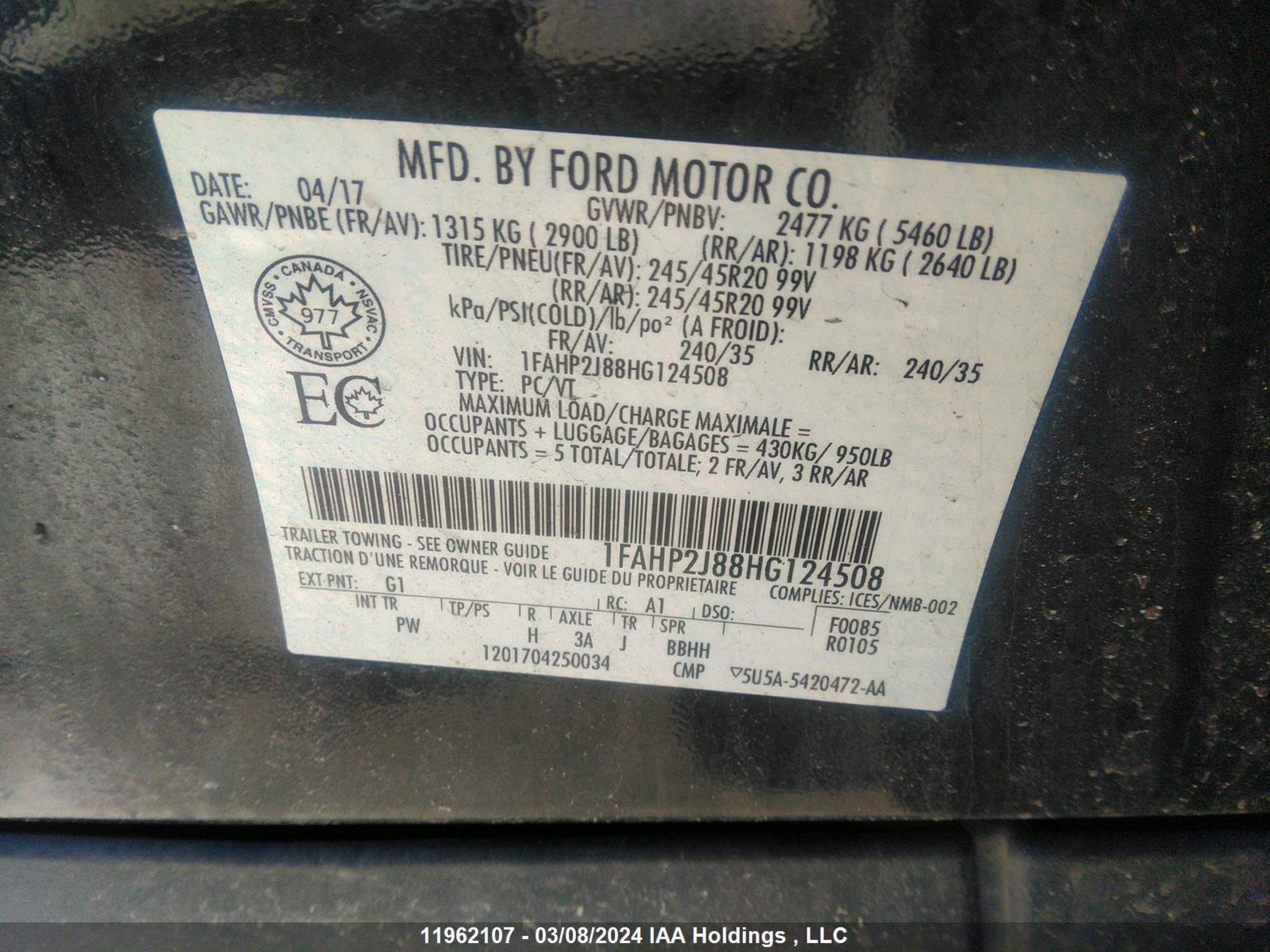 Photo 8 VIN: 1FAHP2J88HG124508 - FORD TAURUS 