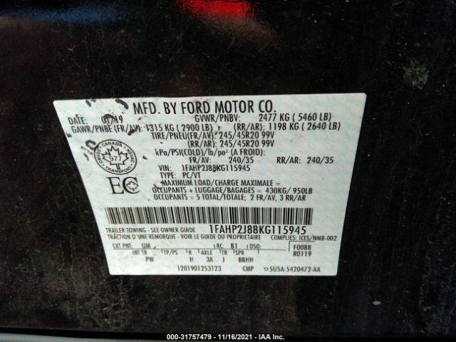 Photo 8 VIN: 1FAHP2J88KG115945 - FORD TAURUS 