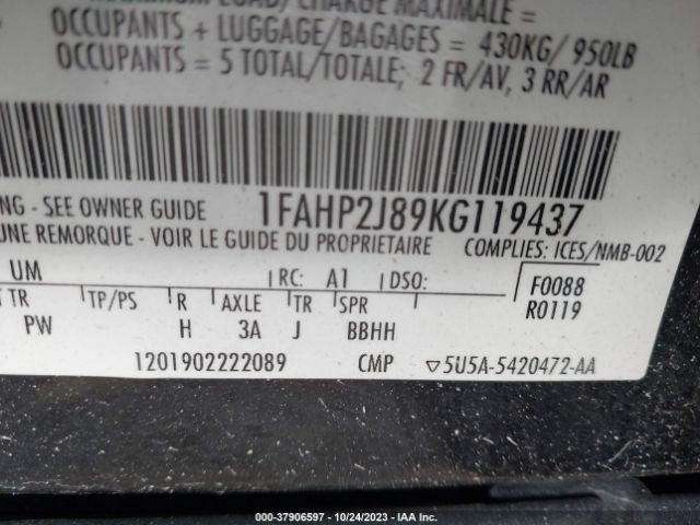 Photo 8 VIN: 1FAHP2J89KG119437 - FORD TAURUS 