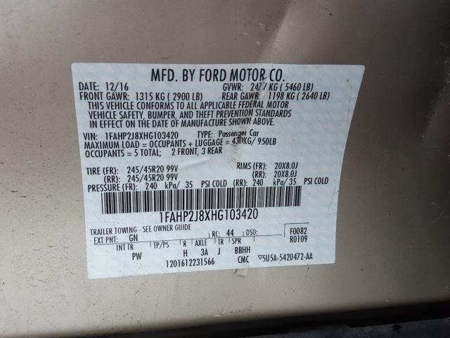 Photo 9 VIN: 1FAHP2J8XHG103420 - FORD TAURUS LIM 