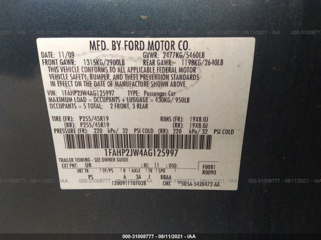 Photo 8 VIN: 1FAHP2JW4AG125997 - FORD TAURUS 