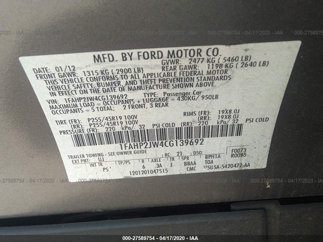 Photo 8 VIN: 1FAHP2JW4CG139692 - FORD TAURUS 