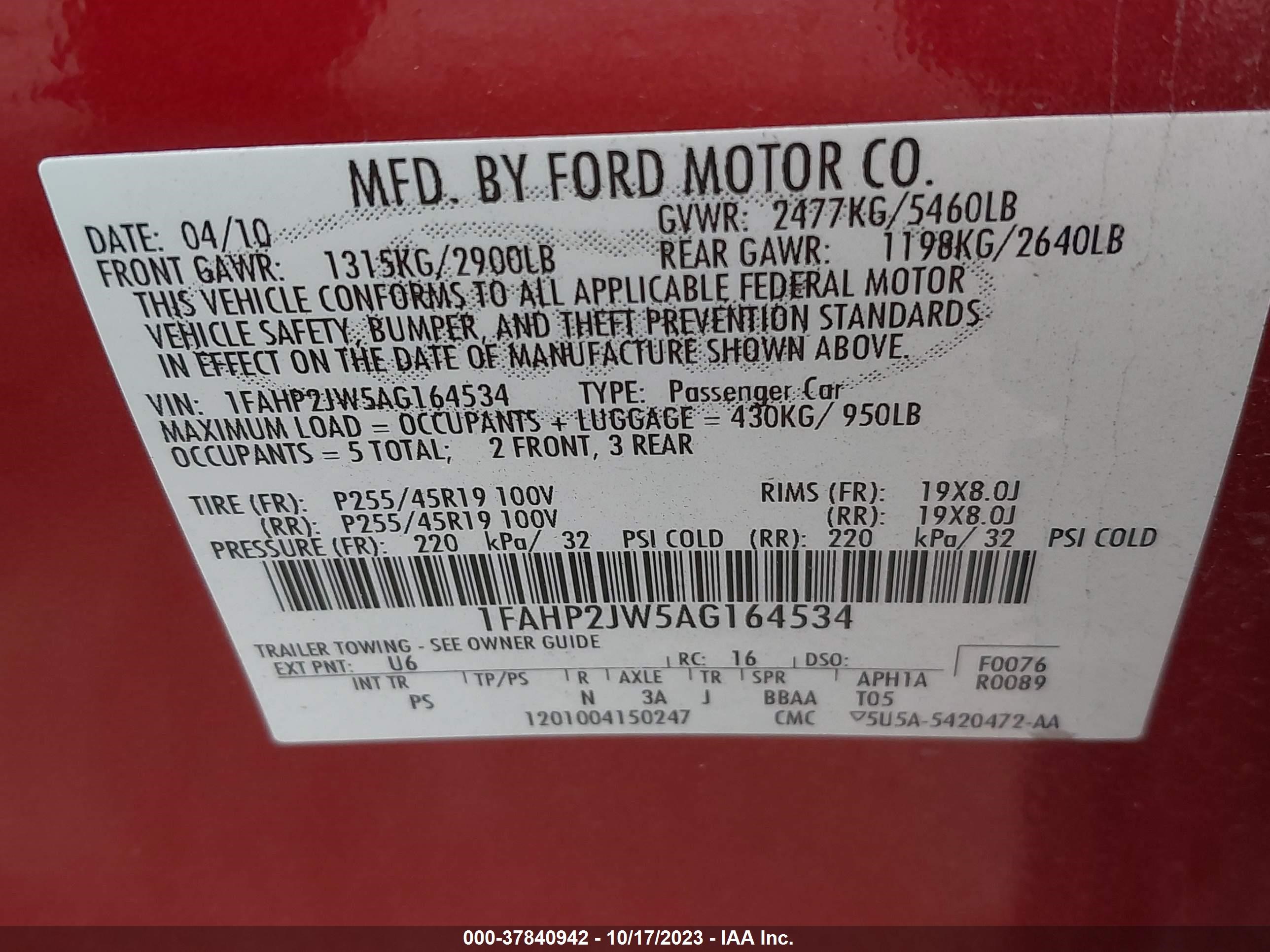 Photo 8 VIN: 1FAHP2JW5AG164534 - FORD TAURUS 